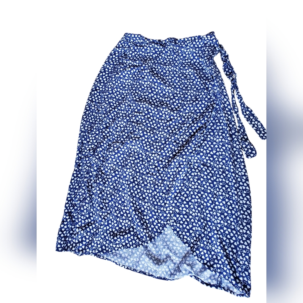 Tiffany & Tomato Boho Blue Heart Printed Wrap Front Self Tie Skirt Size M